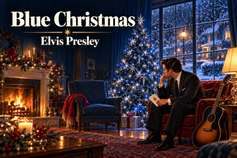 Blue Christmas by Elvis Presley – lonely man reads a card beside a blue Christmas tree.