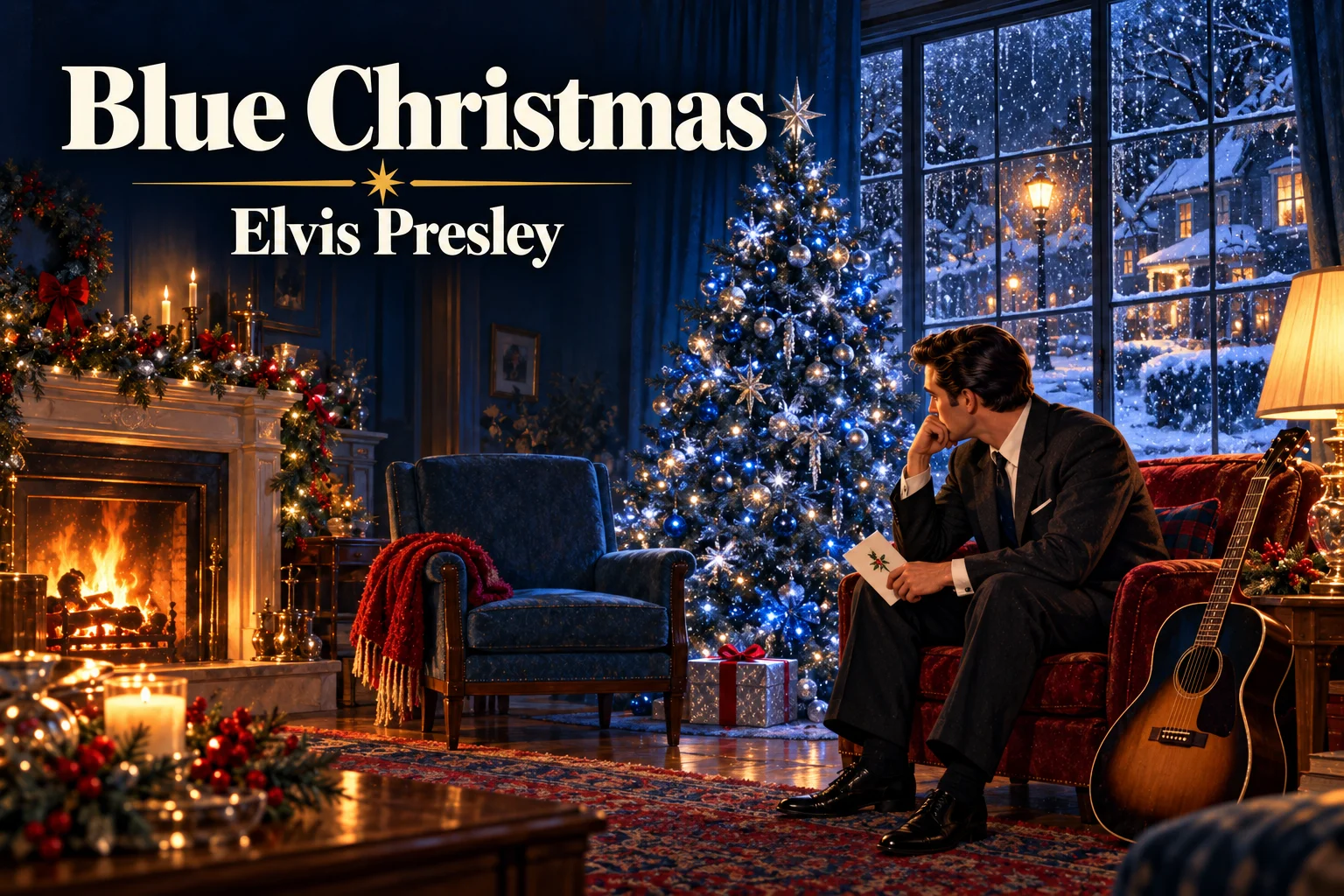 Blue Christmas by Elvis Presley – lonely man reads a card beside a blue Christmas tree.