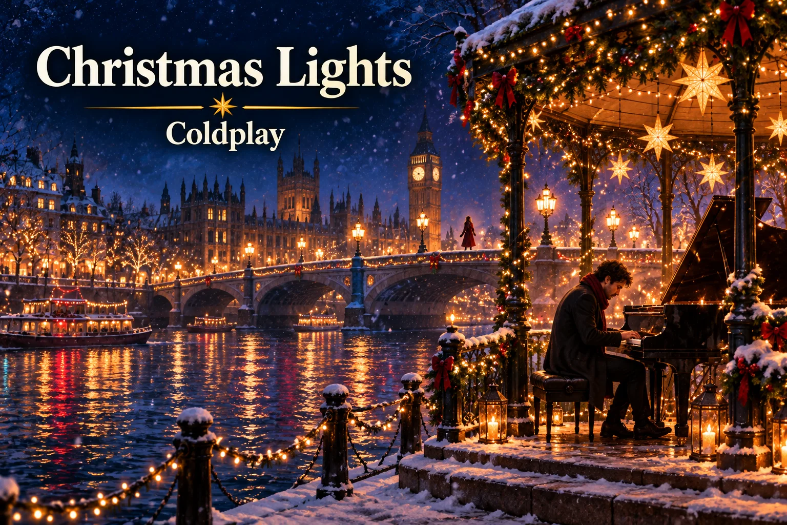 Christmas Lights by Coldplay – pianist plays beside a snowy, illuminated London river.