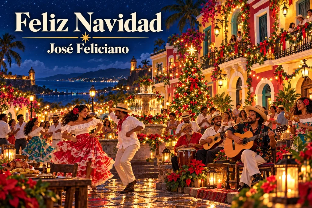 Feliz Navidad by José Feliciano – musicians and dancers celebrate Christmas in a Puerto Rican plaza.
