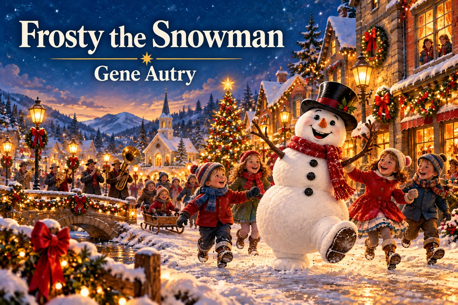 Frosty the Snowman by Gene Autry – cheerful snowman leads children through a festive winter village.