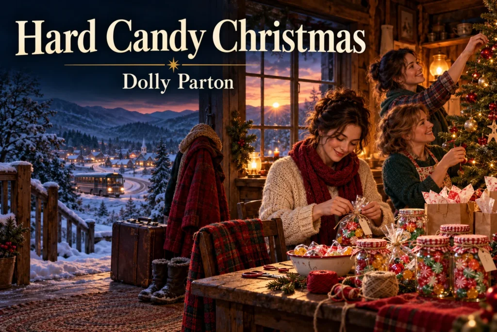 Hard Candy Christmas by Dolly Parton – woman packs sweets for a hopeful winter journey.