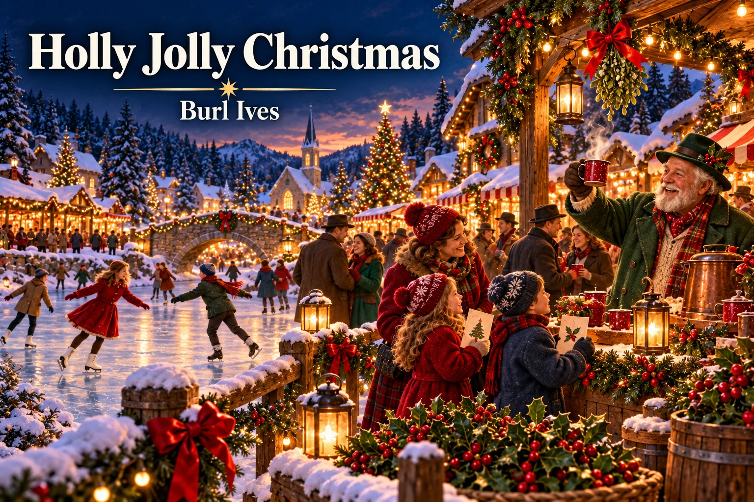 Holly Jolly Christmas – cheerful families share cider and skate at a snowy village market.