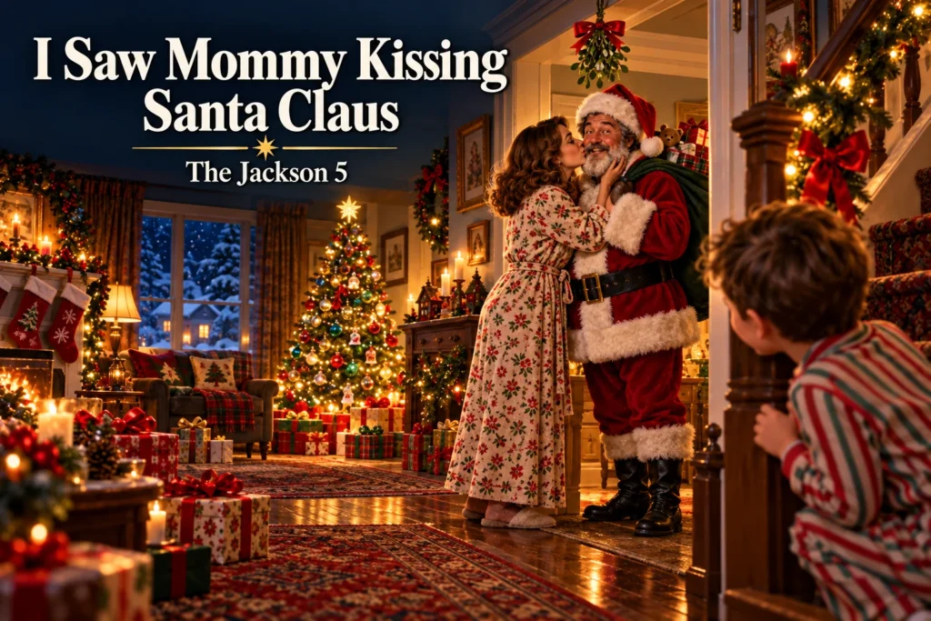 I Saw Mommy Kissing Santa Claus – child secretly watches a playful Christmas kiss beneath mistletoe.