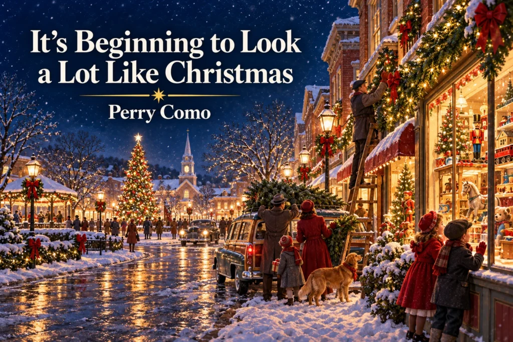 It’s Beginning to Look a Lot Like Christmas – snowy town sparkles with decorations and toys.