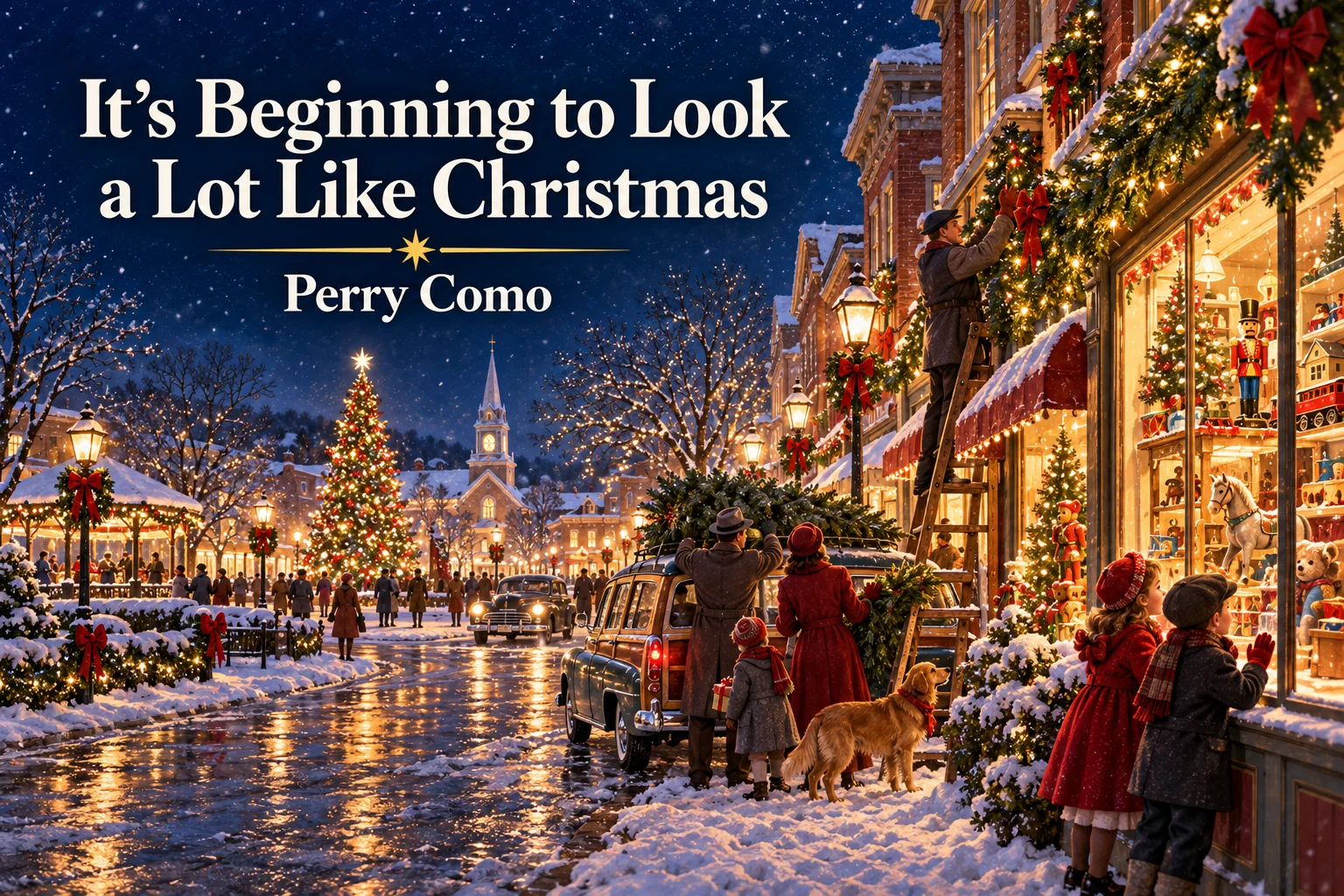 It’s Beginning to Look a Lot Like Christmas – snowy town sparkles with decorations and toys.