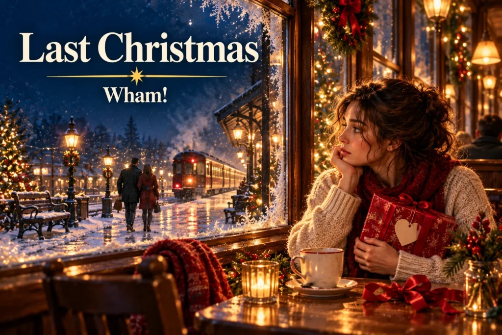 Last Christmas – heartbroken woman holds a wrapped gift beside a snowy departing train.