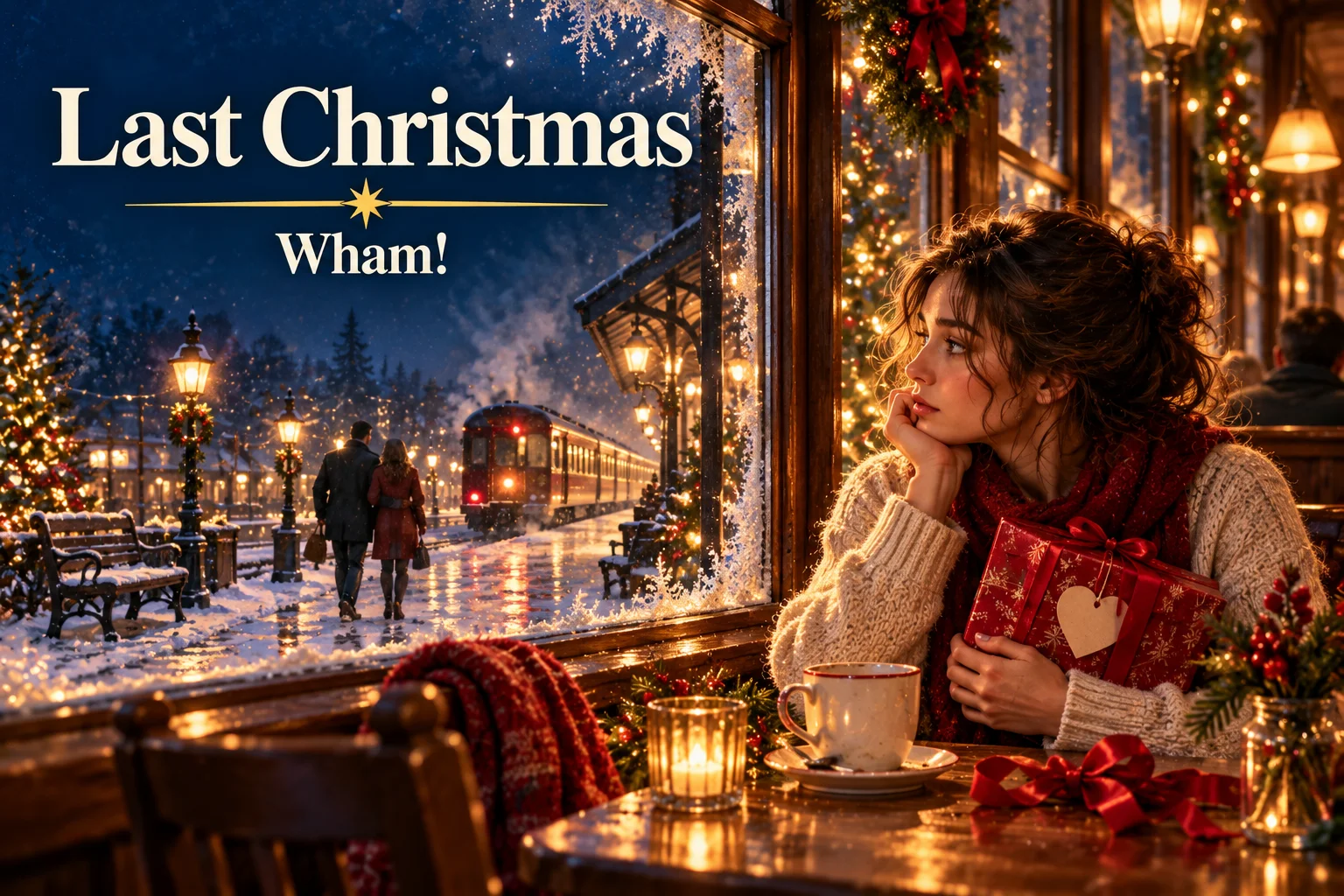 Last Christmas – heartbroken woman holds a wrapped gift beside a snowy departing train.