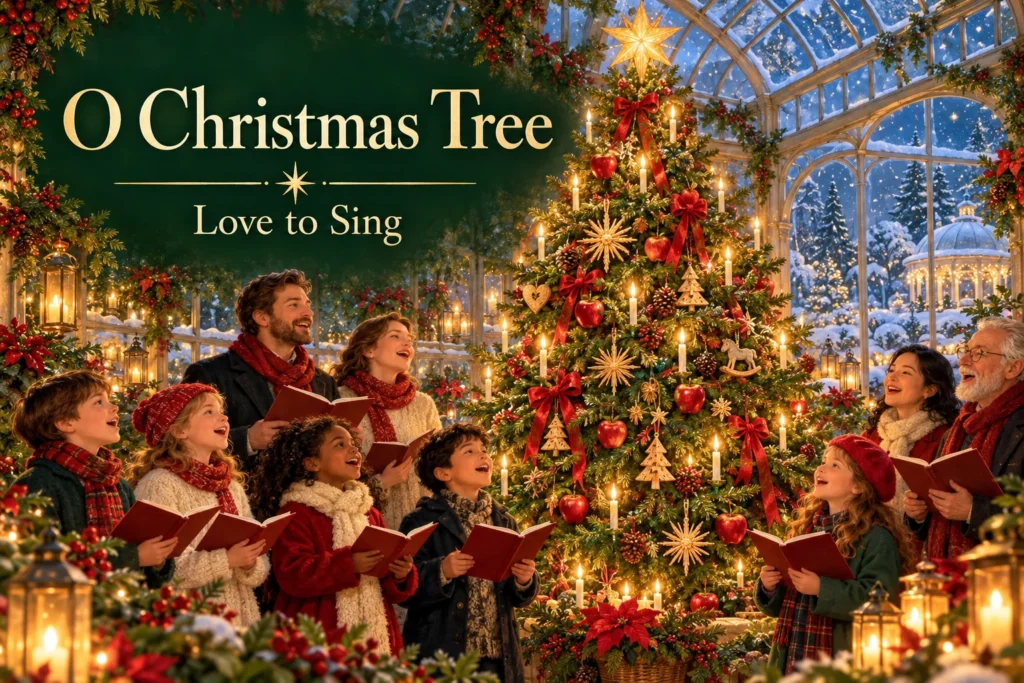O Christmas Tree: families sing around a candlelit evergreen inside a snowy glass conservatory.