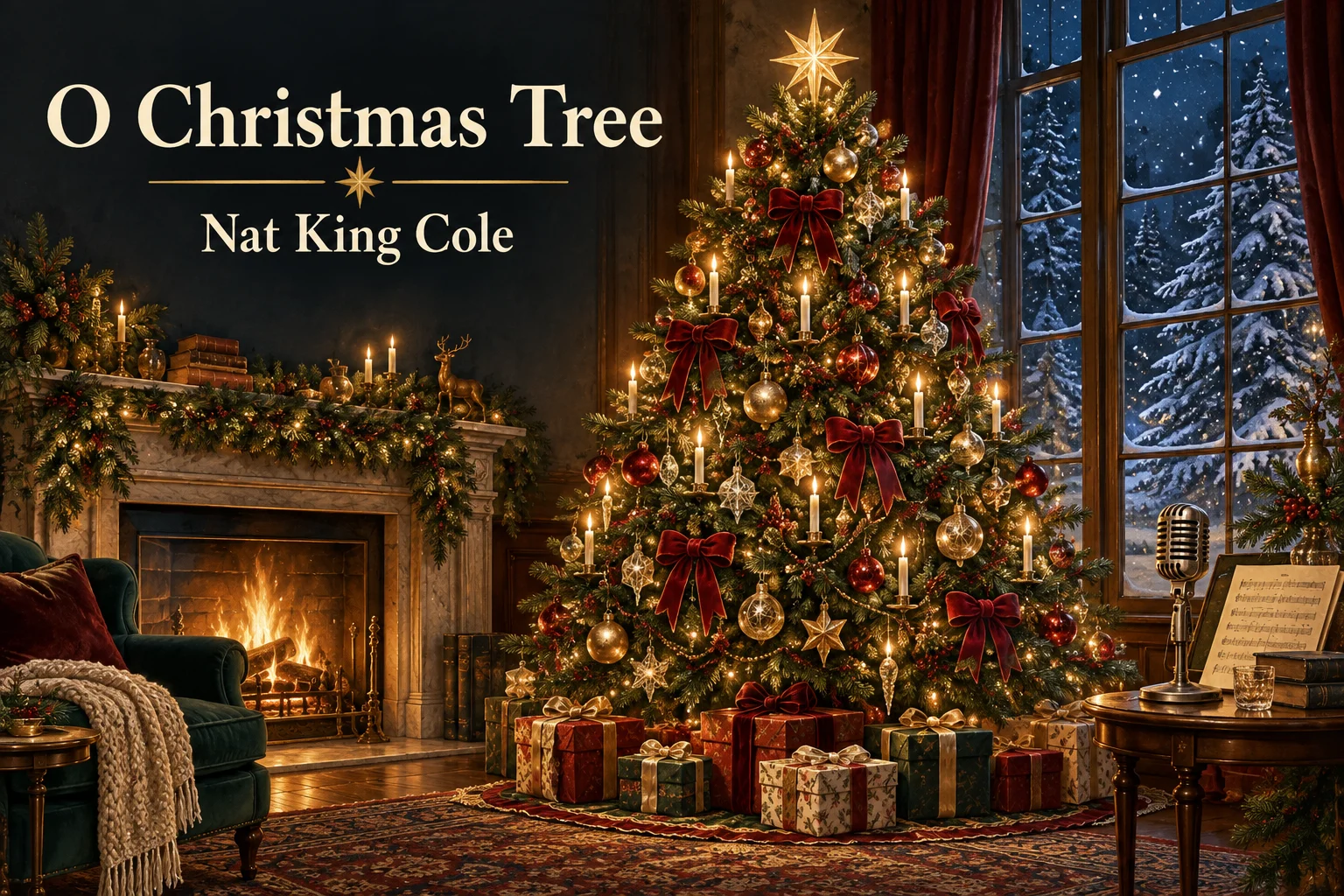 O Christmas Tree – elegant evergreen glows beside a fireplace in a snowy jazz-inspired room.