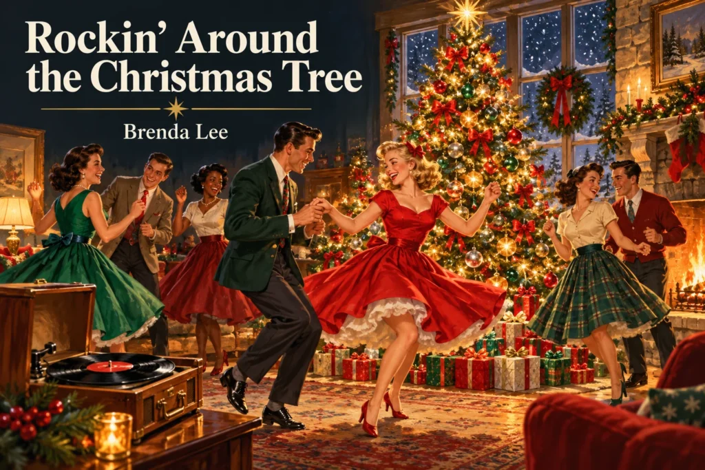 Rockin’ Around the Christmas Tree – friends dance at a joyful mid-century holiday party.
