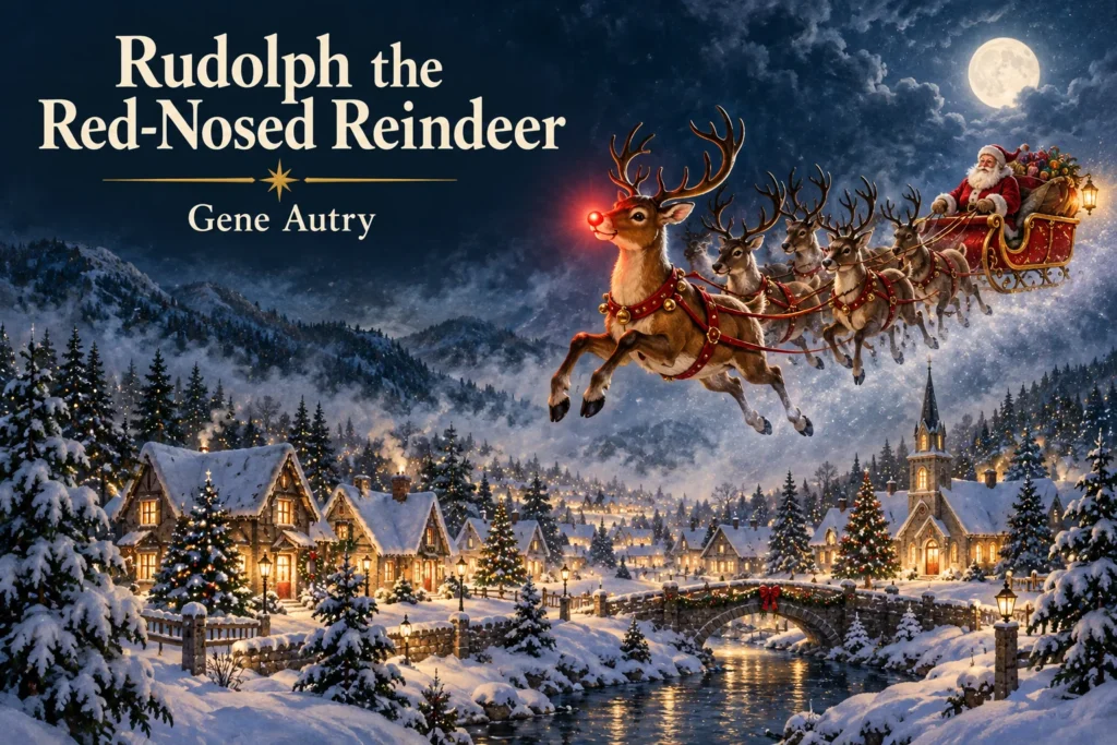 Rudolph the Red-Nosed Reindeer – Rudolph guides Santa’s sleigh above a snowy Christmas village.
