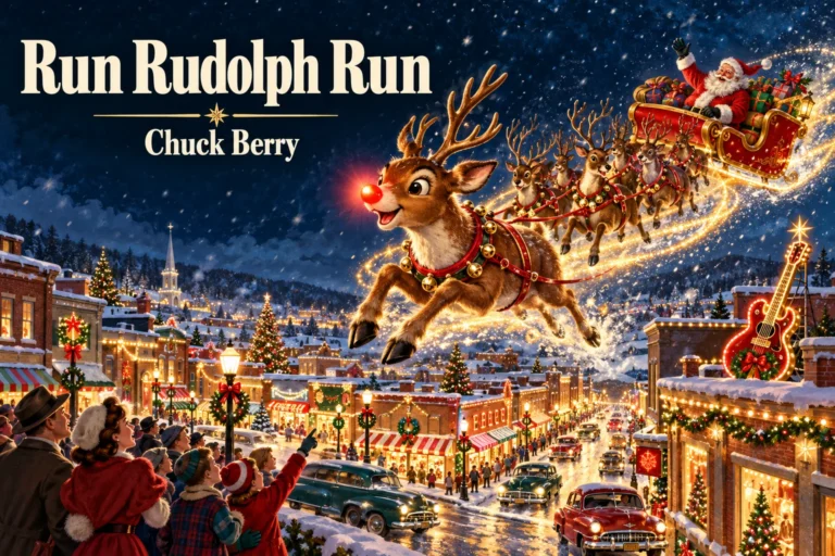 Run Rudolph Run – Rudolph races with Santa’s sleigh above a festive snowy town.