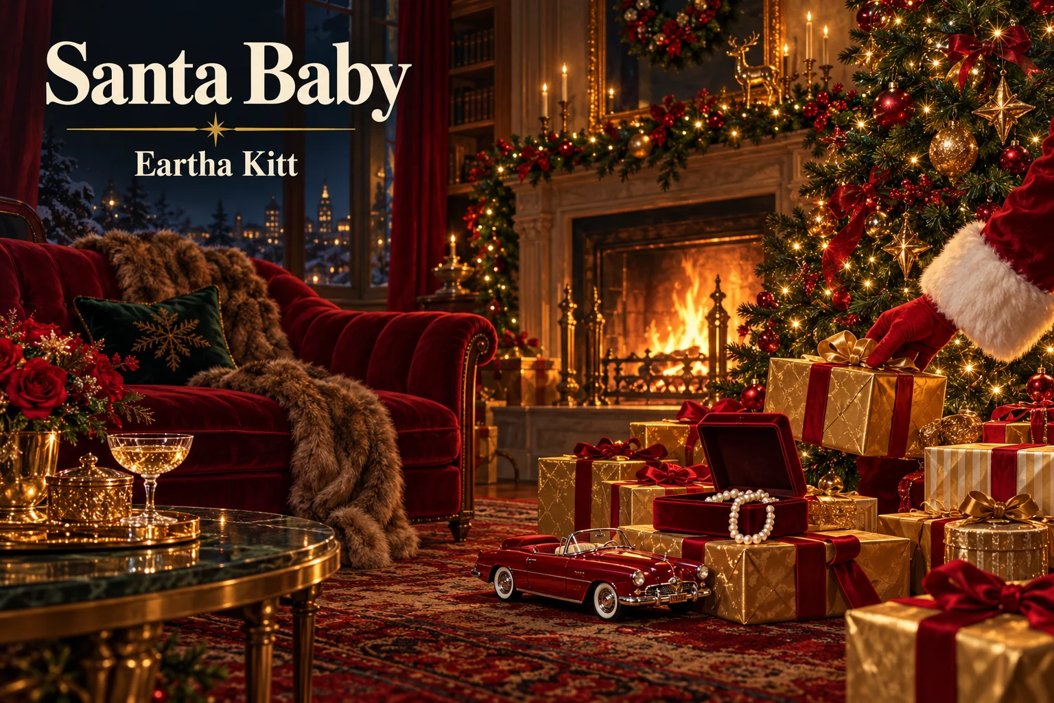 Santa Baby – elegant gifts, pearls, and a vintage car in a luxurious Christmas parlor.
