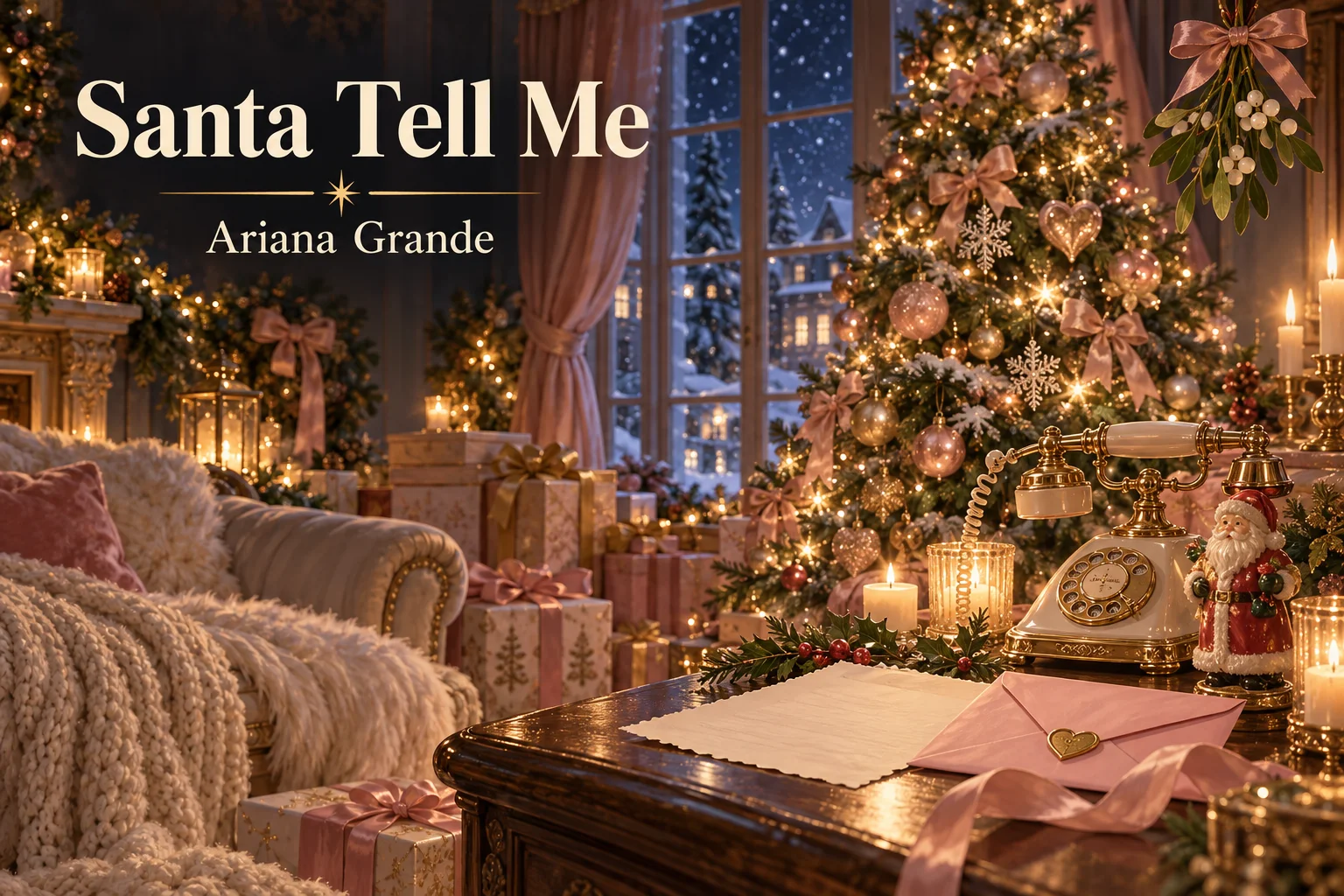 Santa Tell Me – a romantic letter, vintage telephone, and pink Christmas decorations await Santa.