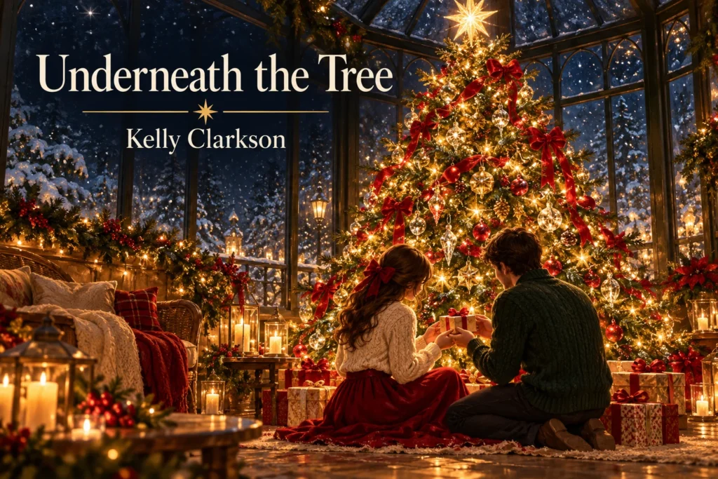 Underneath the Tree – a couple exchanges a heartfelt gift beneath a glowing Christmas tree.