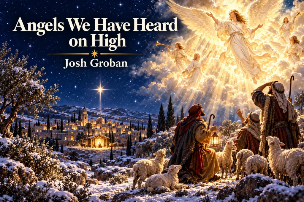 Angels We Have Heard on High by Josh Groban – angels appear above shepherds.