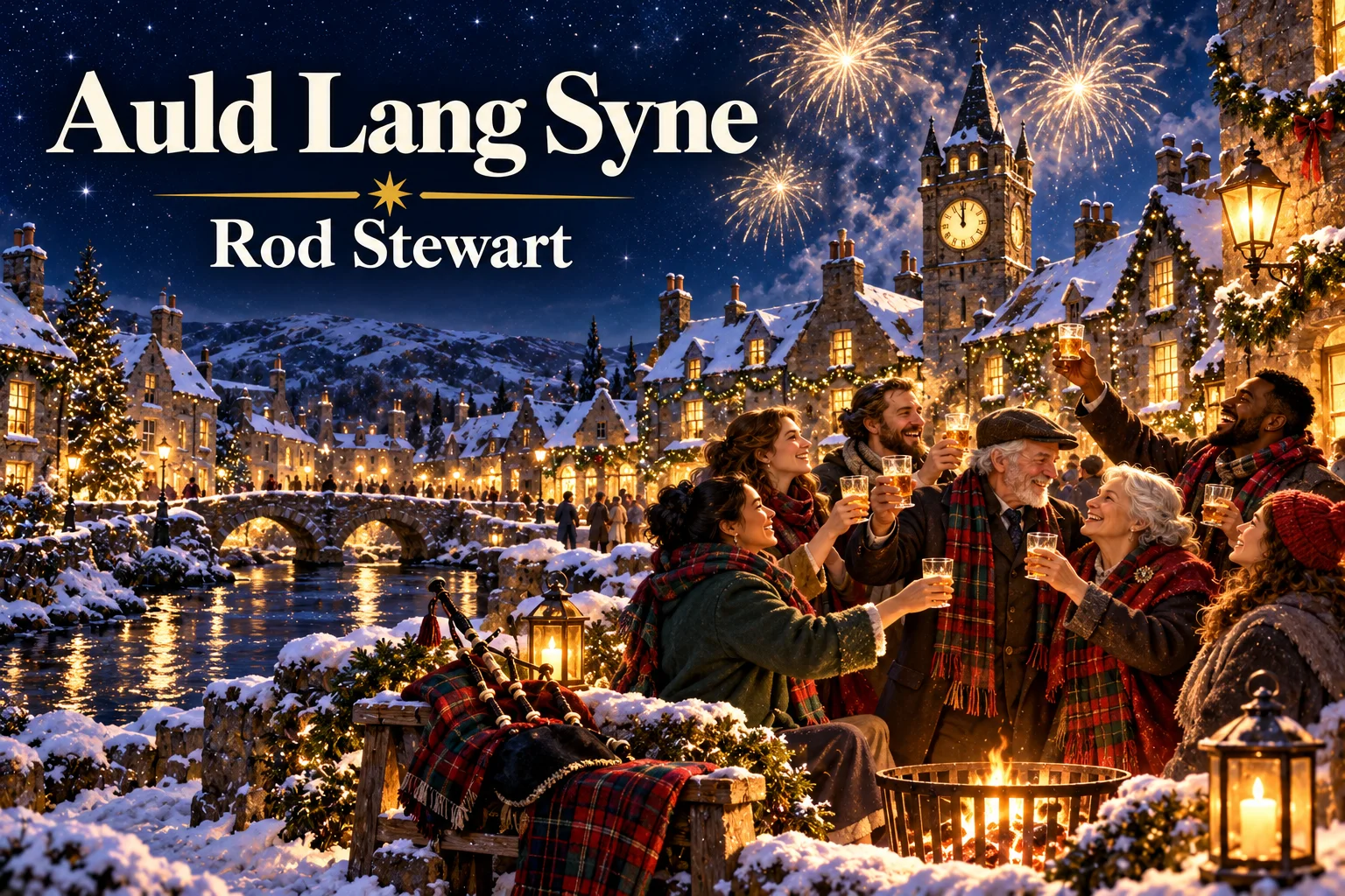 Auld Lang Syne by Rod Stewart – friends celebrate New Year in a snowy Scottish town.