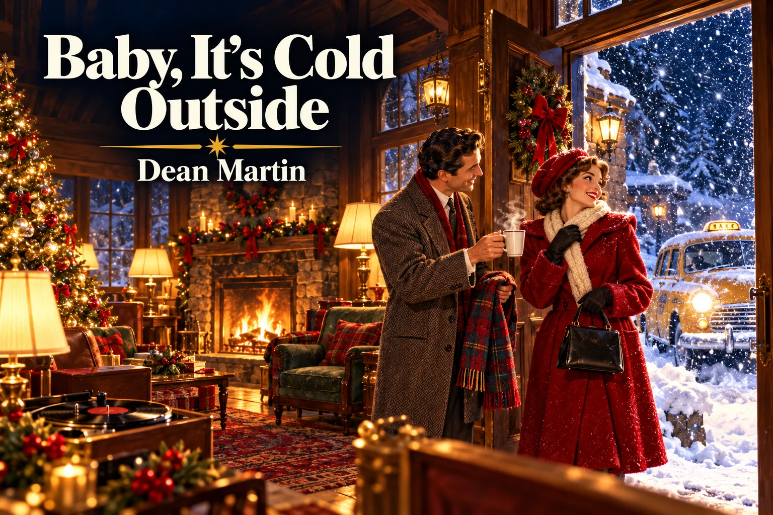 Baby, It’s Cold Outside by Dean Martin – couple chats beside a snowy doorway.