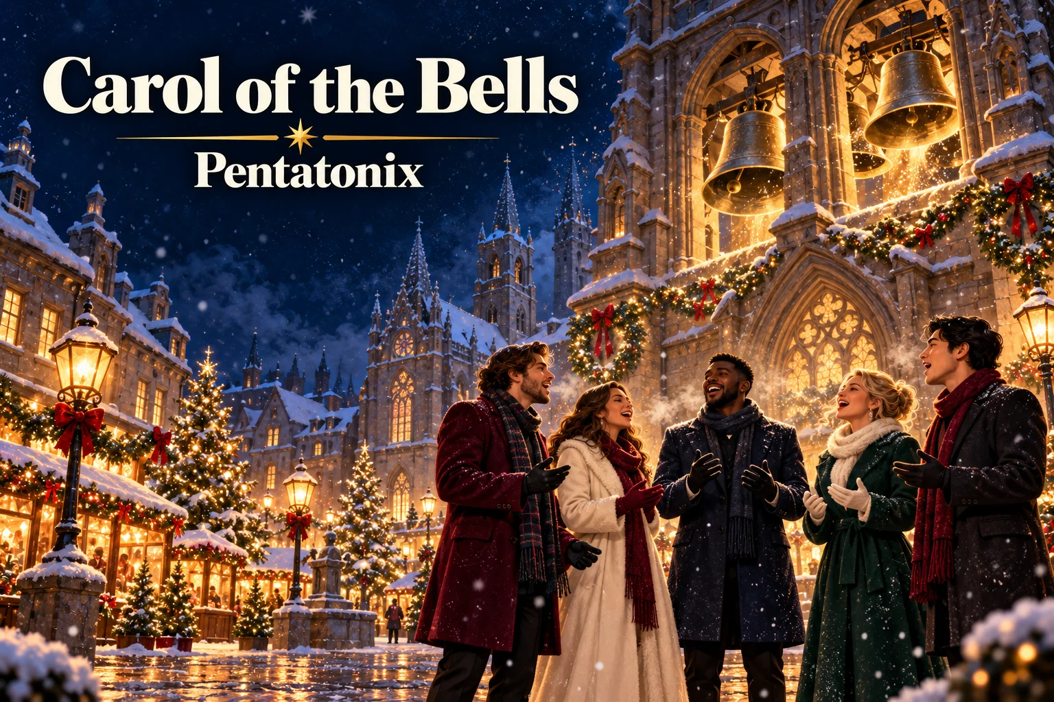 Carol of the Bells by Pentatonix – five carolers sing beneath glowing cathedral bells.