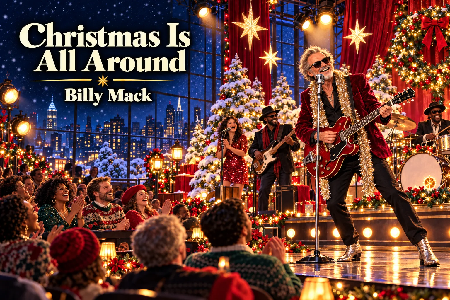 Christmas Is All Around by Billy Mack – festive rock singer performs on a holiday stage.