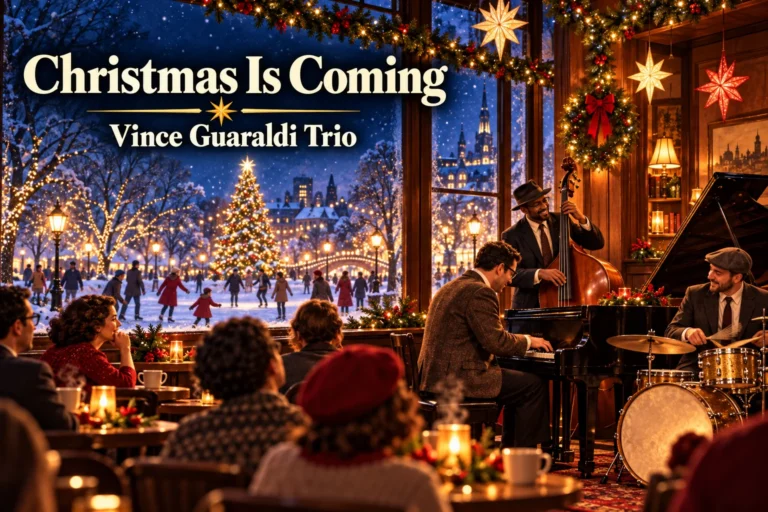 Christmas Is Coming by Vince Guaraldi Trio – jazz musicians perform beside a snowy skating park.