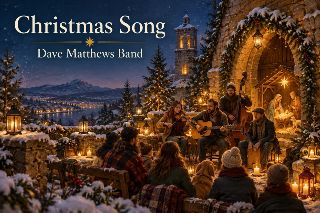 Christmas Song by Dave Matthews Band – acoustic musicians perform beside a glowing nativity scene.