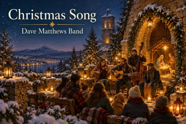Christmas Song by Dave Matthews Band – acoustic musicians perform beside a glowing nativity scene.