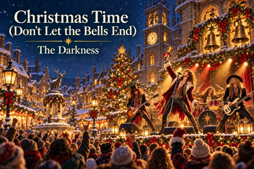 Christmas Time by The Darkness – glam-rock band performs beneath festive bells in a snowy town.