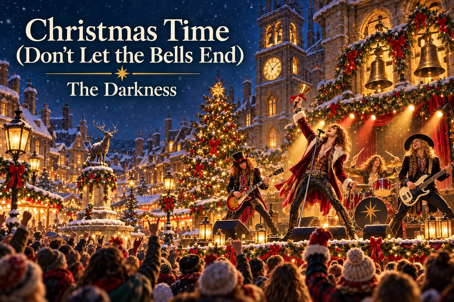 Christmas Time by The Darkness – glam-rock band performs beneath festive bells in a snowy town.
