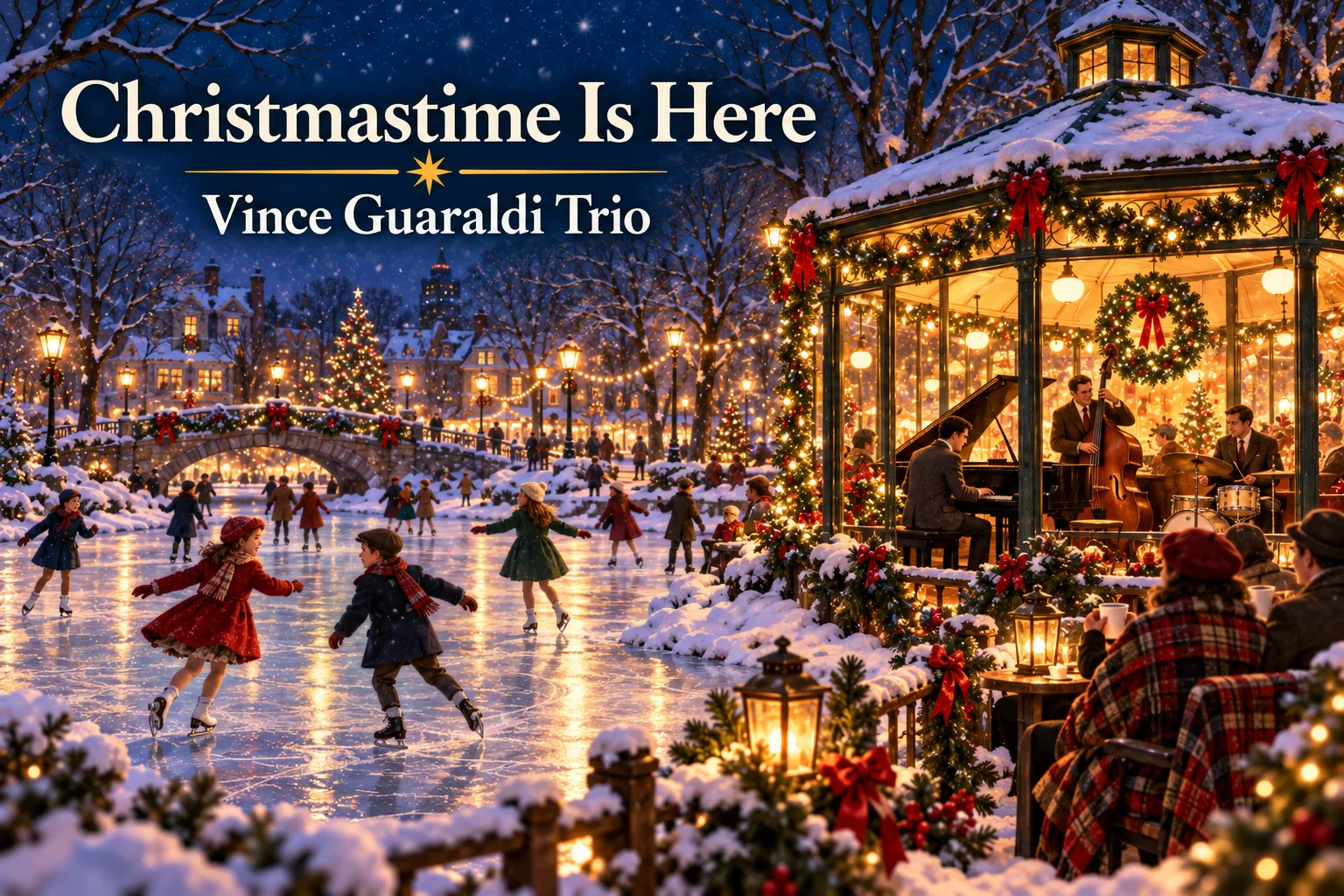 Christmastime Is Here by Vince Guaraldi Trio – jazz musicians play beside a snowy skating pond.