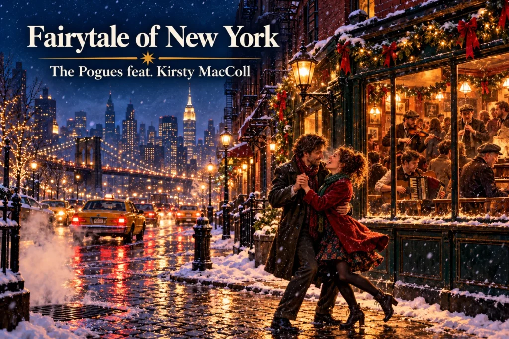 Fairytale of New York – The Pogues and Kirsty MacColl; couple dances beside a snowy pub
