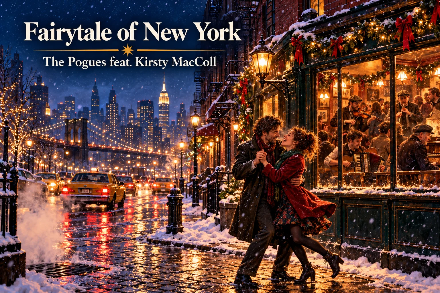 Fairytale of New York – The Pogues and Kirsty MacColl; couple dances beside a snowy pub