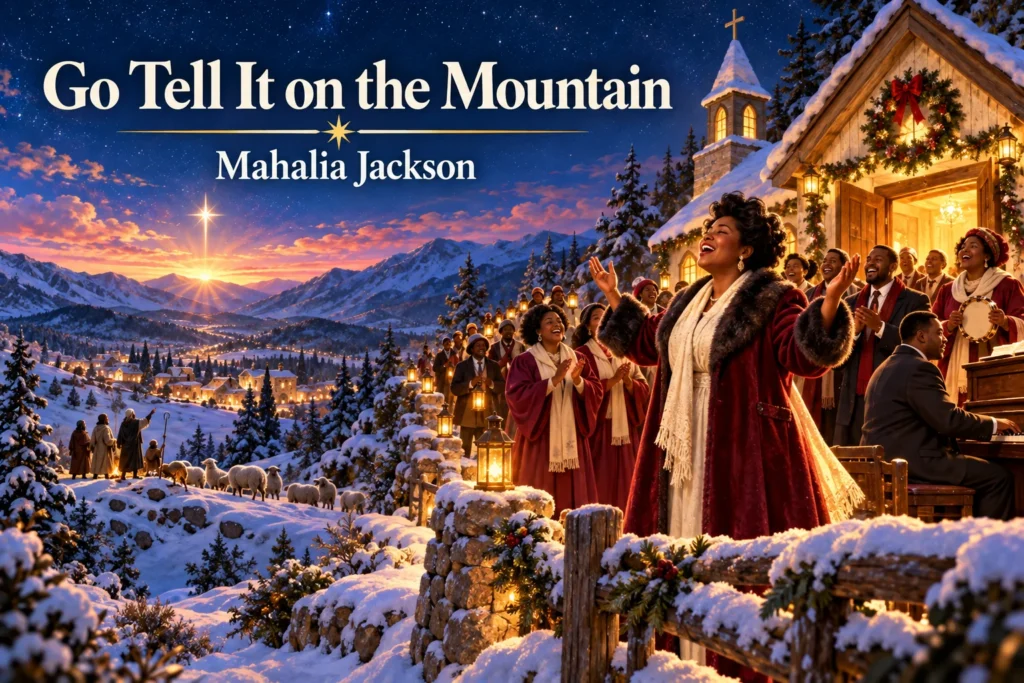 Go Tell It on the Mountain by Mahalia Jackson – gospel choir sings beside snowy chapel.