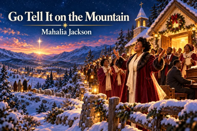 Go Tell It on the Mountain by Mahalia Jackson – gospel choir sings beside snowy chapel.