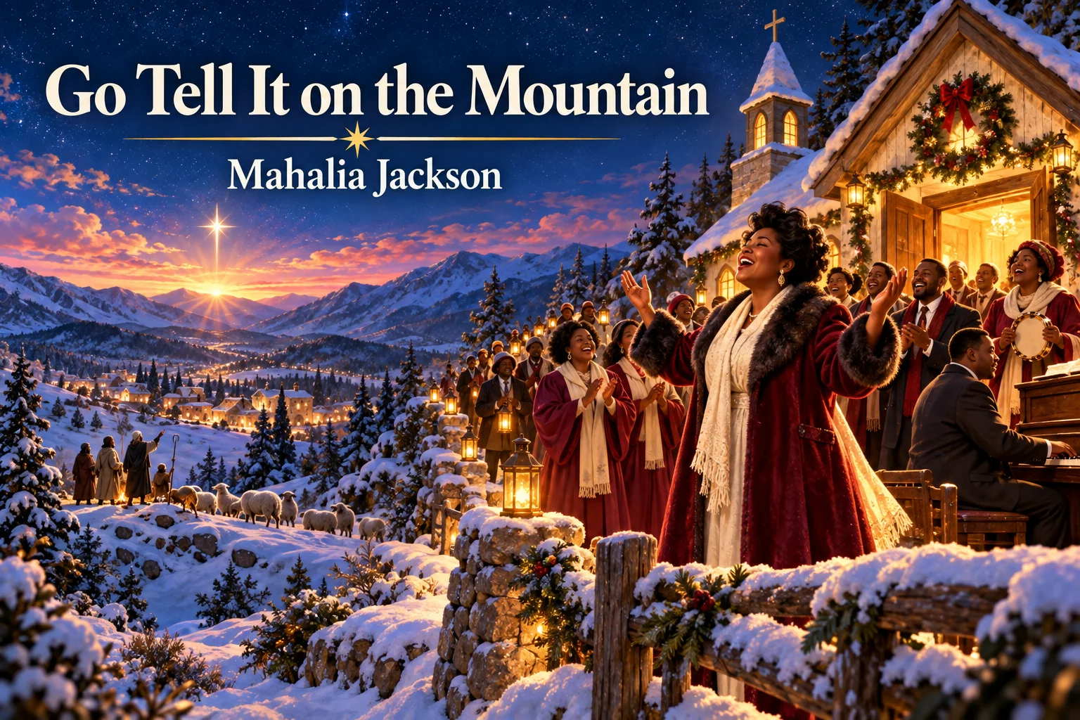 Go Tell It on the Mountain by Mahalia Jackson – gospel choir sings beside snowy chapel.