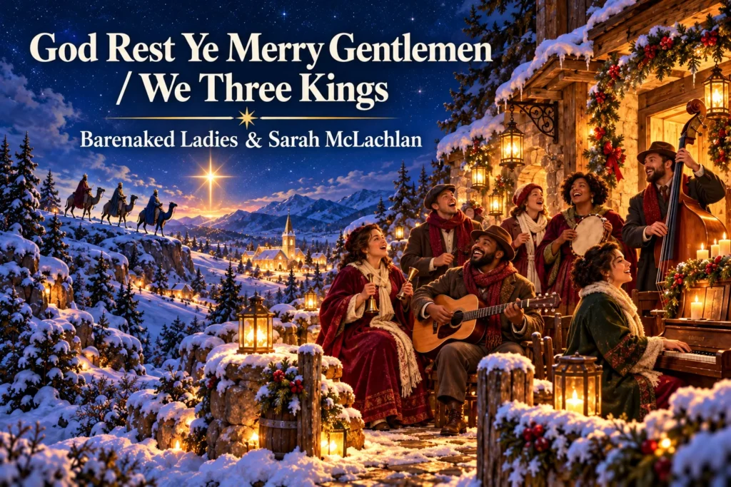 God Rest Ye Merry Gentlemen / We Three Kings – festive musicians sing beneath a guiding star.