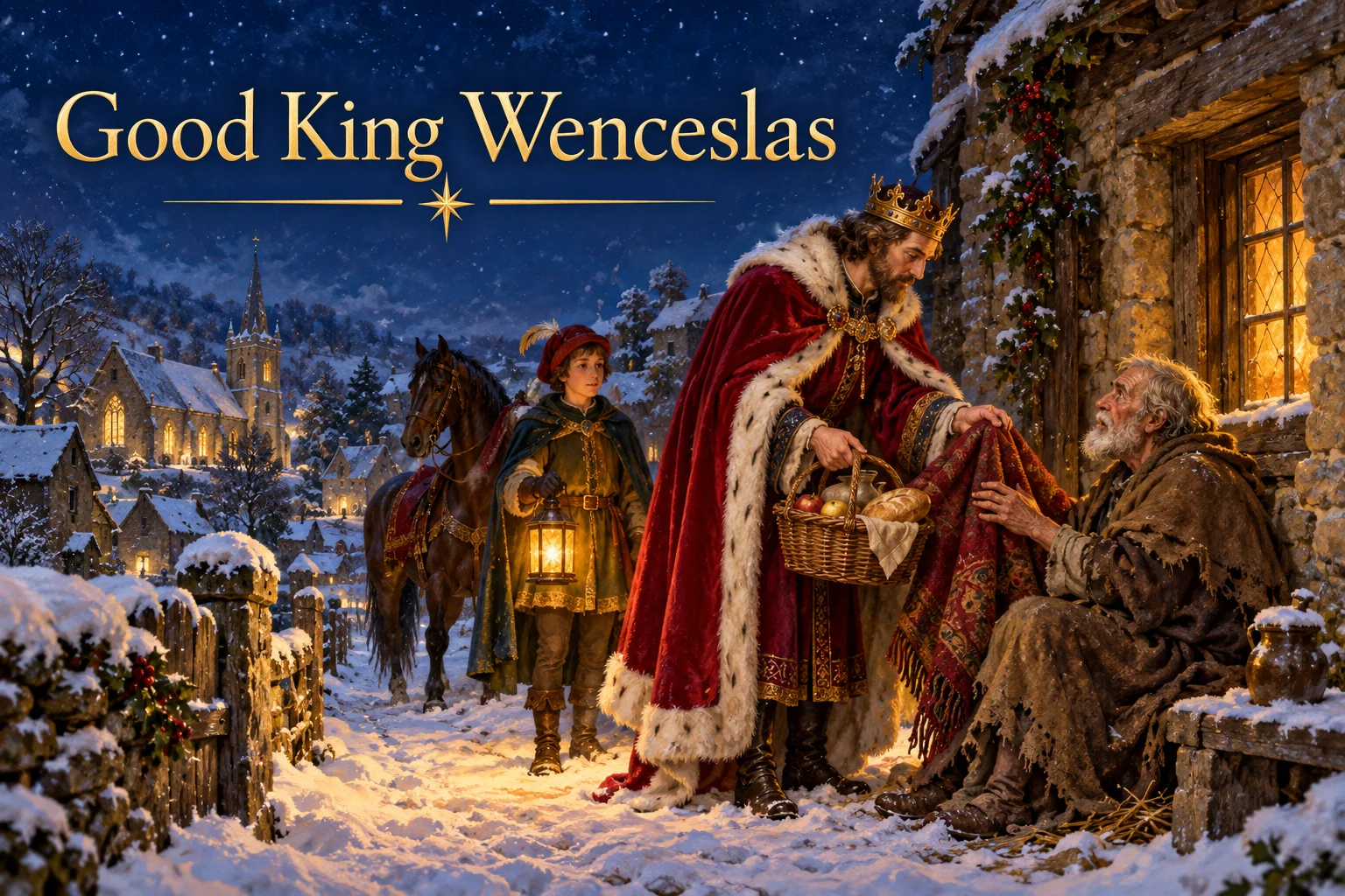 Good King Wenceslas gives a warm blanket to a poor man in a snowy village.