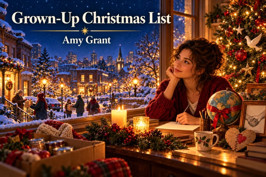 Grown-Up Christmas List by Amy Grant – woman writes wishes for peace beside a Christmas tree.