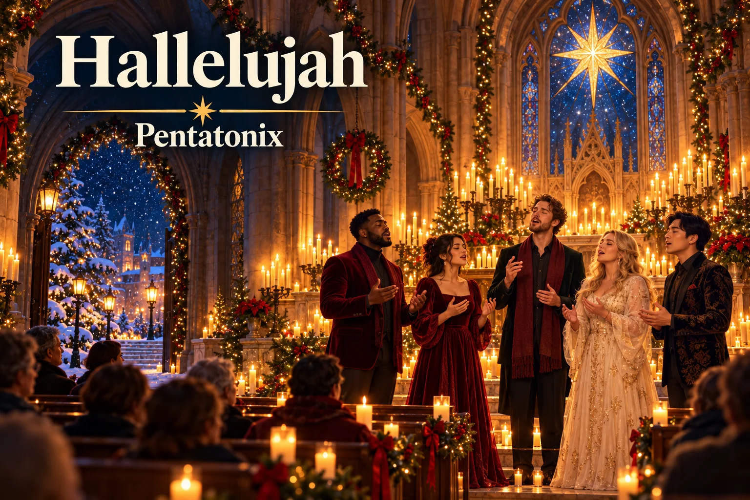 Hallelujah by Pentatonix – five vocalists sing by candlelight inside a decorated Christmas cathedral.