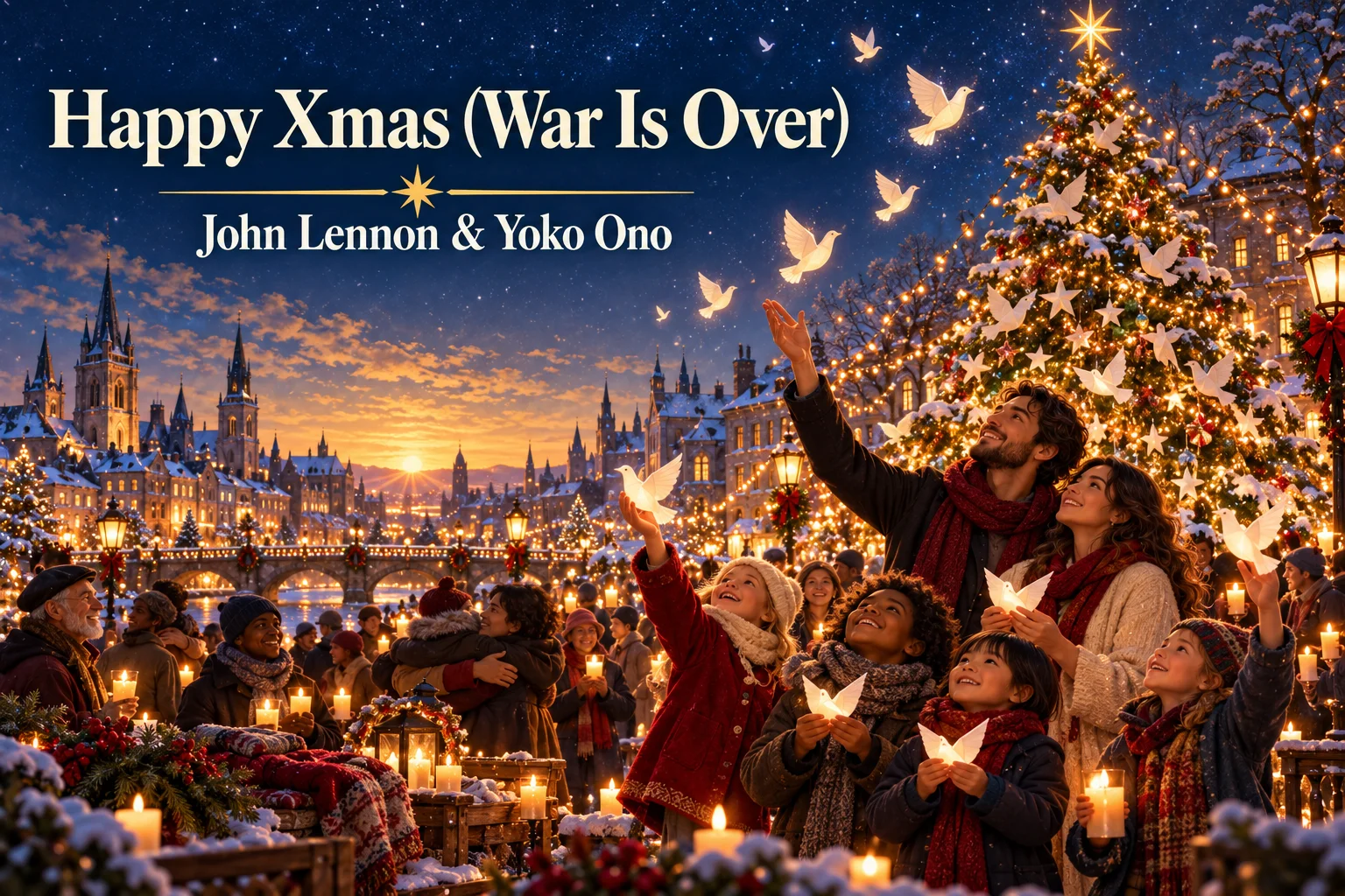 John Lennon and Yoko Ono’s Happy Xmas – families release doves beside a Christmas tree.