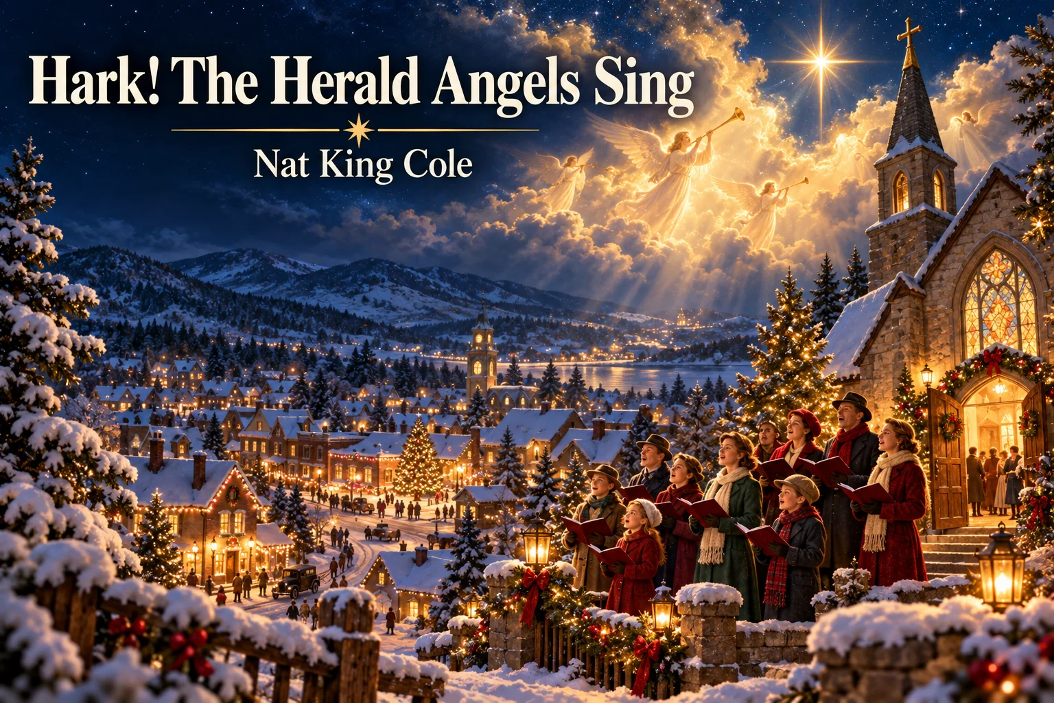 Hark! The Herald Angels Sing – Christmas choir beneath radiant angels in a snowy town.