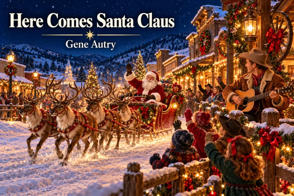 Here Comes Santa Claus – Santa’s sleigh arrives in a festive snowy Western town.