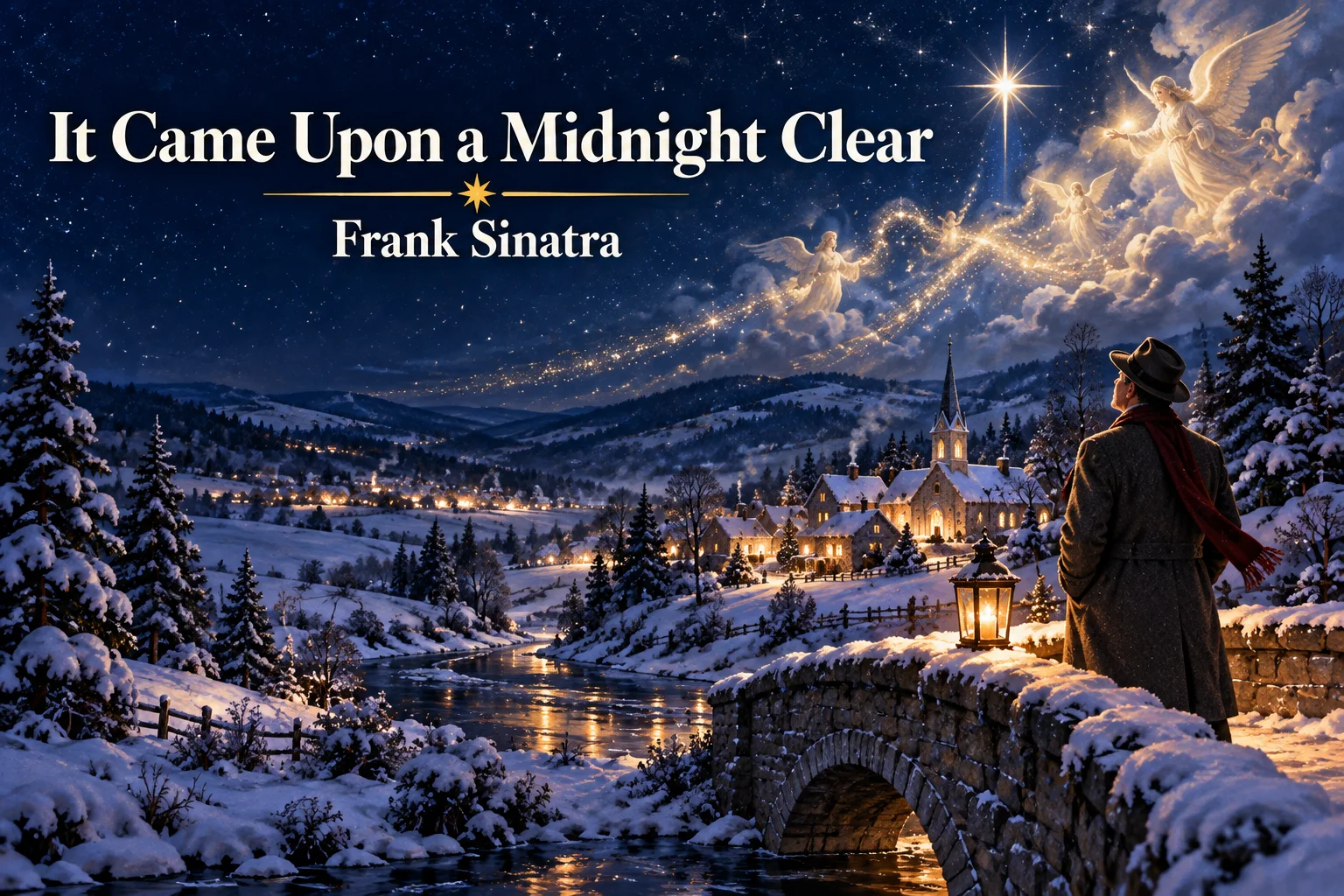 It Came Upon a Midnight Clear – traveler watches angels above a peaceful snowy valley.