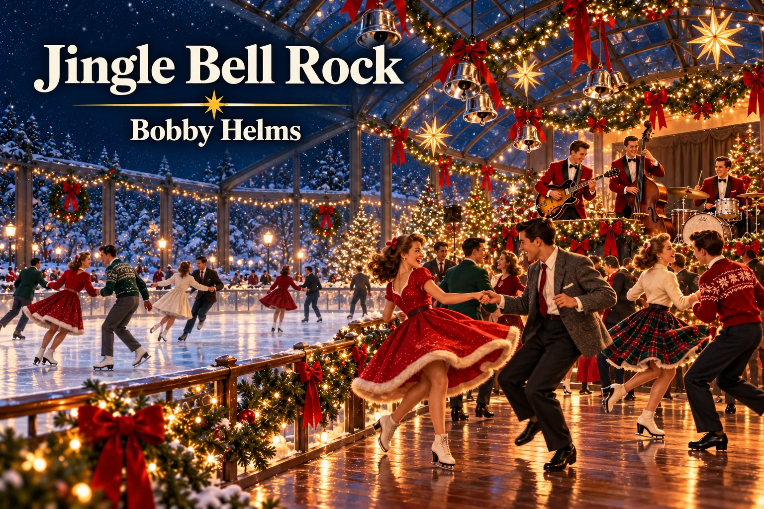 Jingle Bell Rock – couples dance beside skaters and a festive 1950s Christmas band.