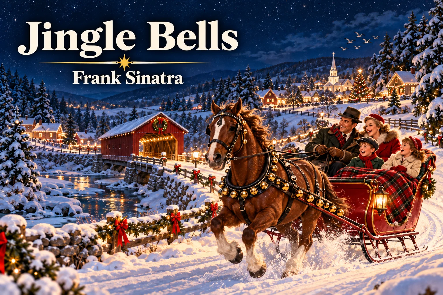 Jingle Bells – joyful family rides a horse-drawn sleigh through a snowy Christmas countryside.
