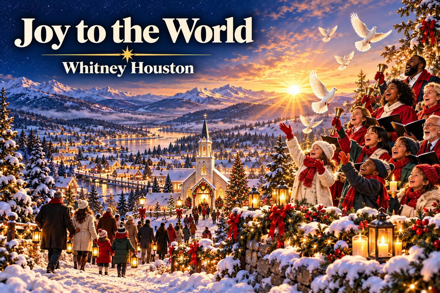 Joy to the World – diverse Christmas choir celebrates beneath sunrise and soaring white doves.