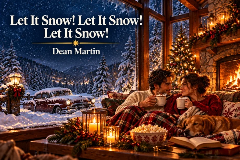 Let It Snow! Let It Snow! Let It Snow! – couple cuddles by fire during snowstorm.