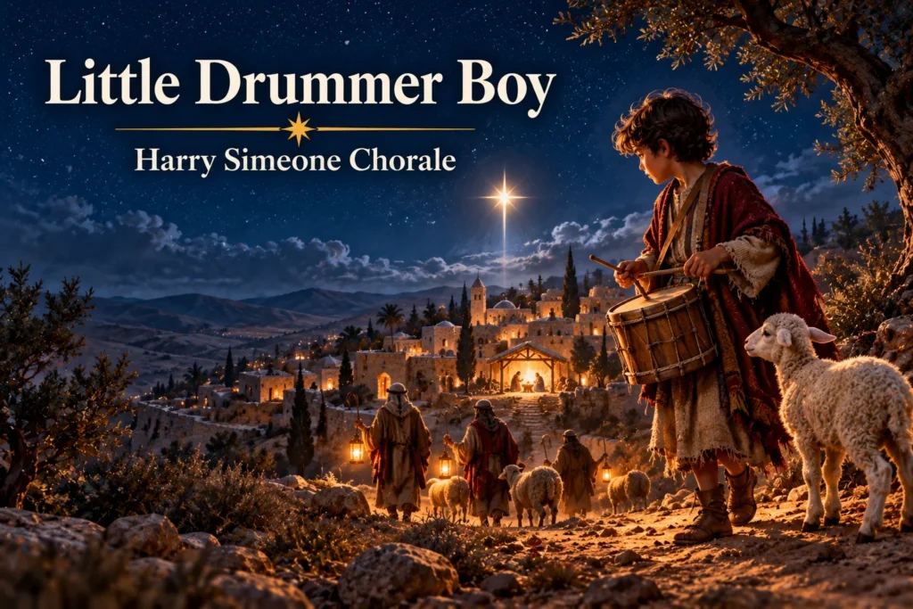 Little Drummer Boy – humble boy plays his drum while shepherds journey toward Bethlehem.