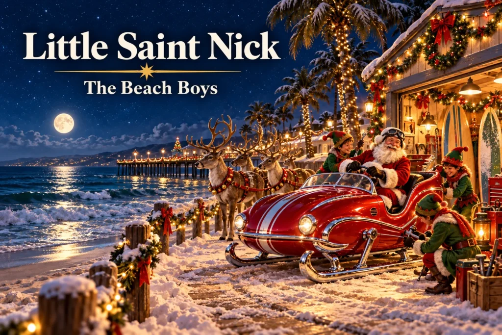Little Saint Nick – Santa and elves tune a sporty sleigh beside a snowy beach.